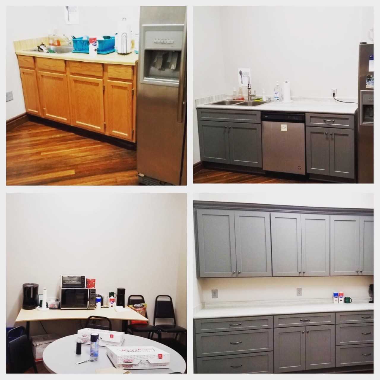 An updated office kitchen with new cabinets by Maestro. Photo courtesy of Maestro Maintenance Management